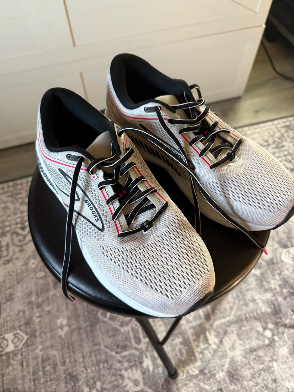 Brooks White and Black Running Shoes with Pink Insole Accent